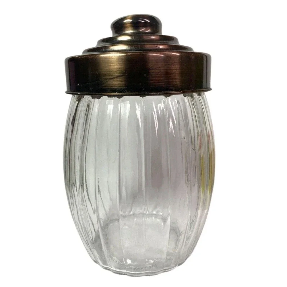Ribbed Clear Glass Kitchen Canister Jar Bronze Tone Metal Lid 8” Pantry Storage